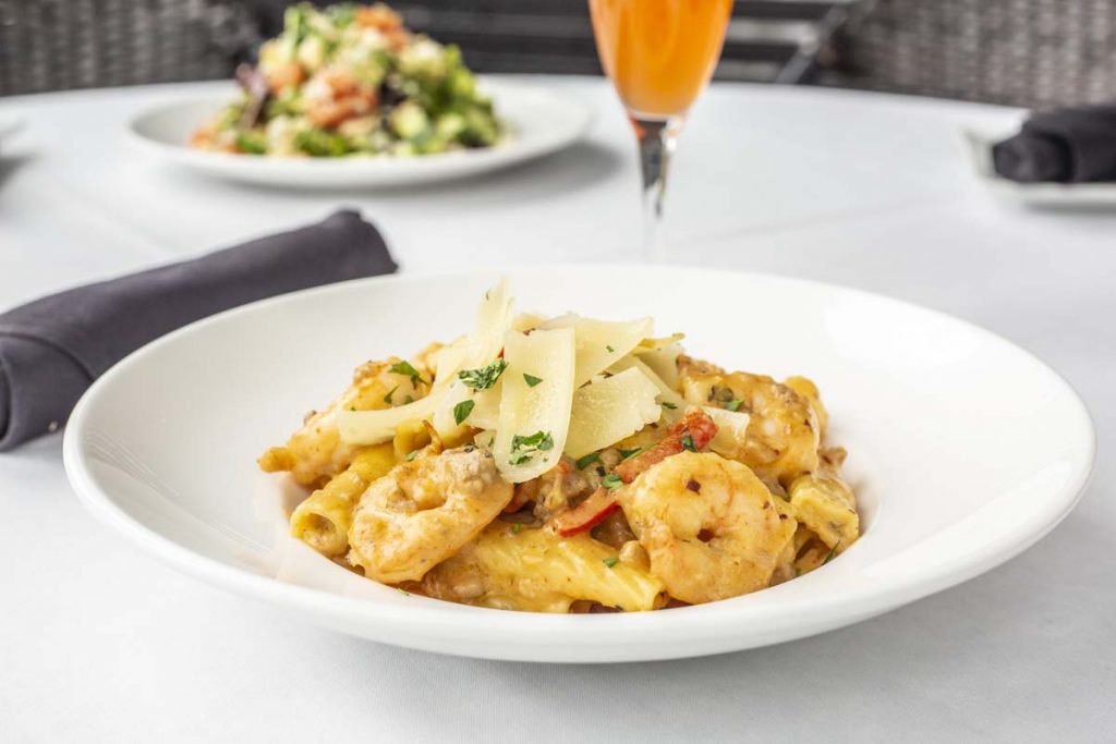 Tucci’s rigatoni with shrimp garnished with shaved parmesan