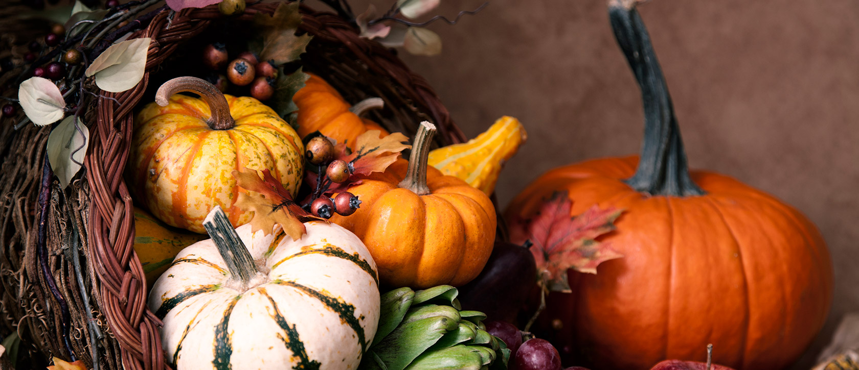 Beautiful arrangement of fall gourds and pumpkins in woven horn of plenty.