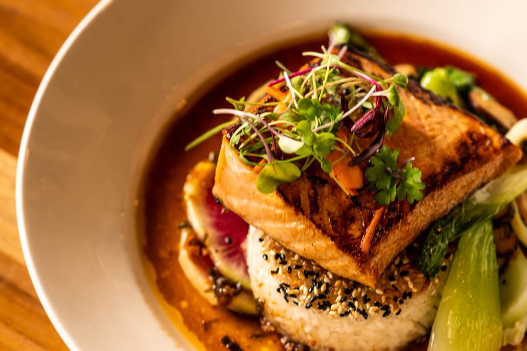 Seared Salmon on jasmine rice at Tucci's restaurant in Dublin, Ohio.