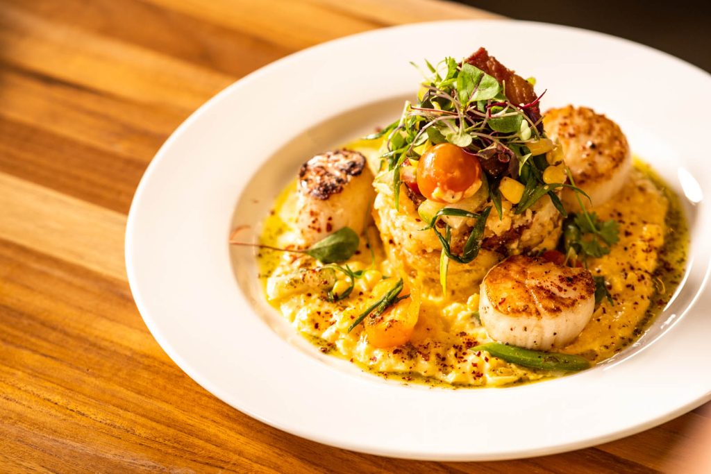 Seared Scallops in buttered corn sauce at Tucci's restaurant in Dublin, Ohio.